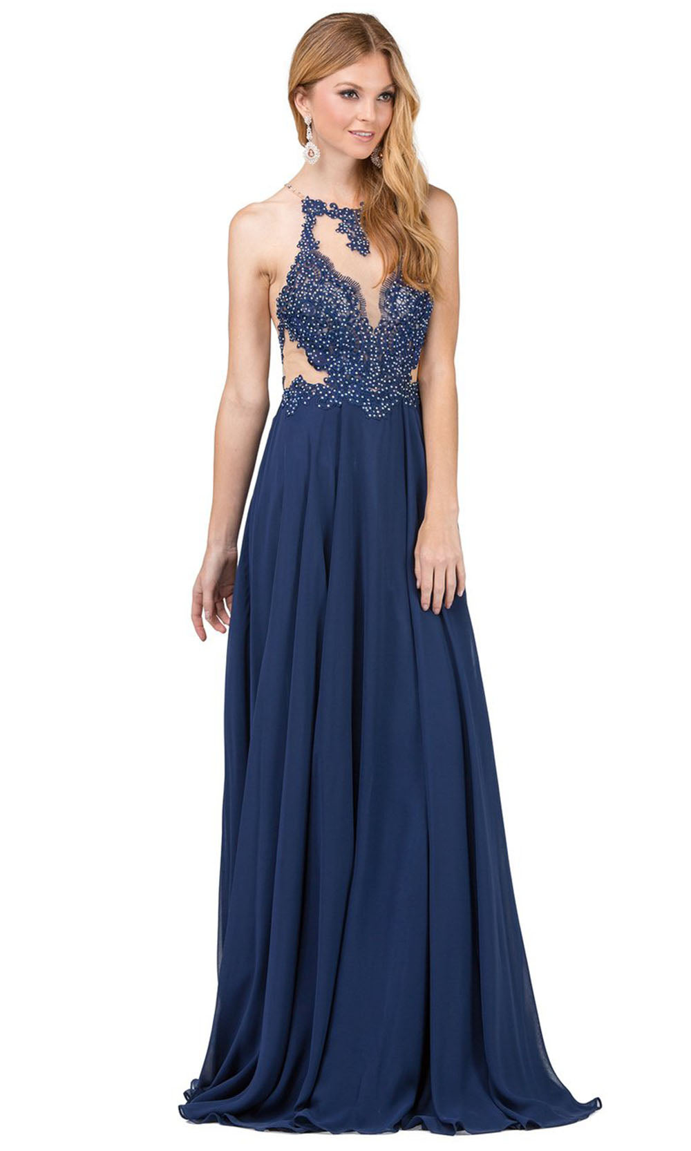 Dancing Queen - 2015 Embroidered Halter Neck A-Line Dress In Blue