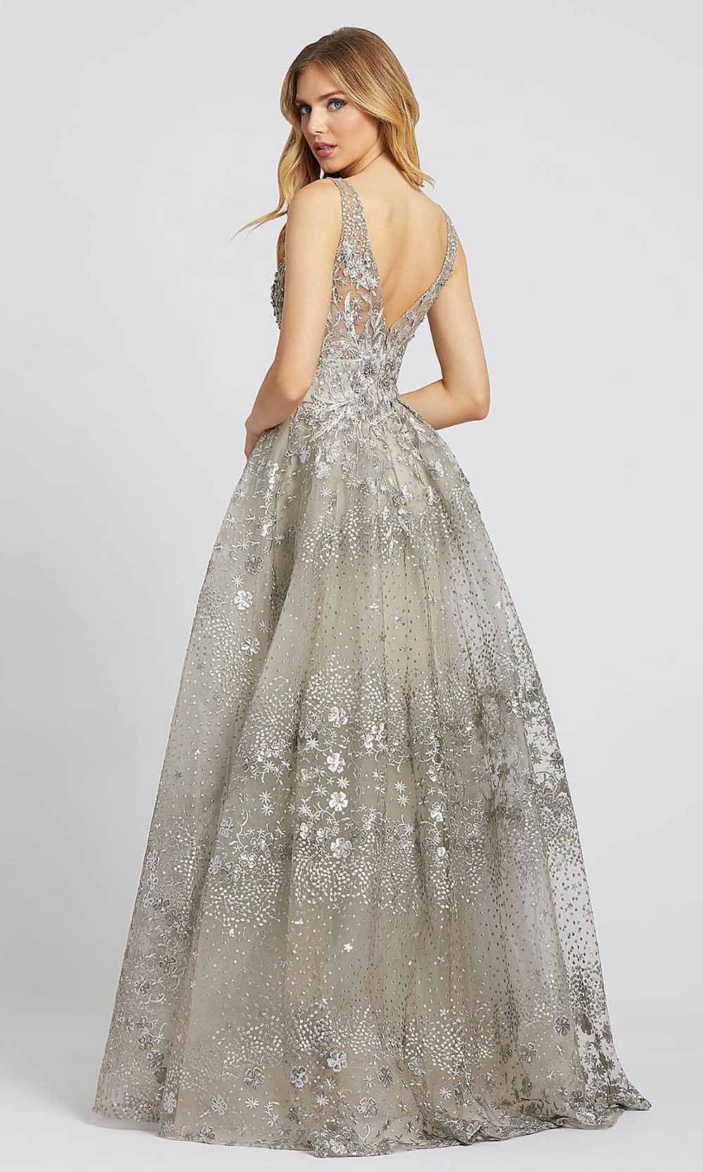 Mac Duggal - 20191D Embroidered Deep V Neck Gown In Gray and Neutral