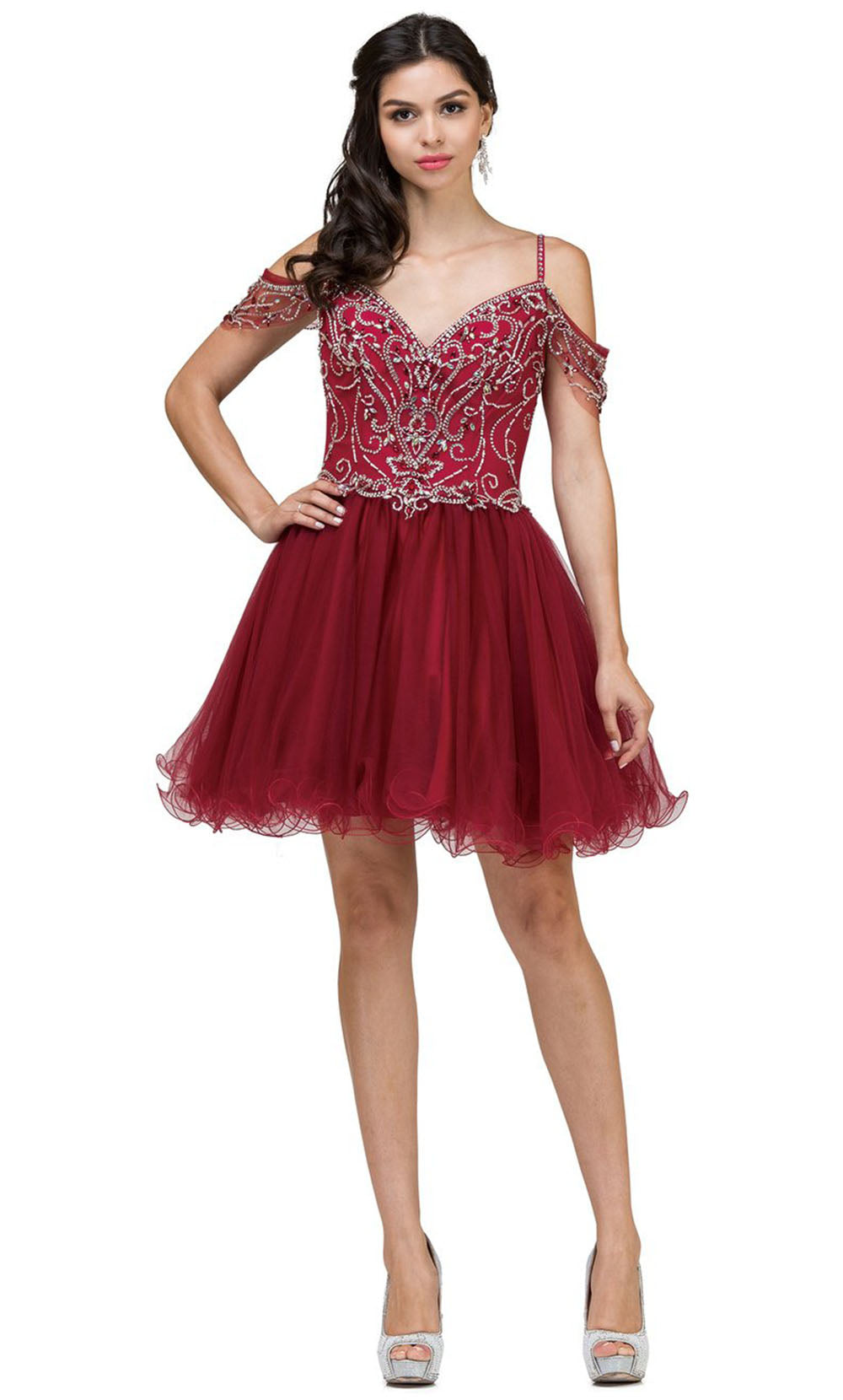 Dancing Queen - 2023 Beaded Bodice Cold Shoulder Cocktail Dress In Burgundy