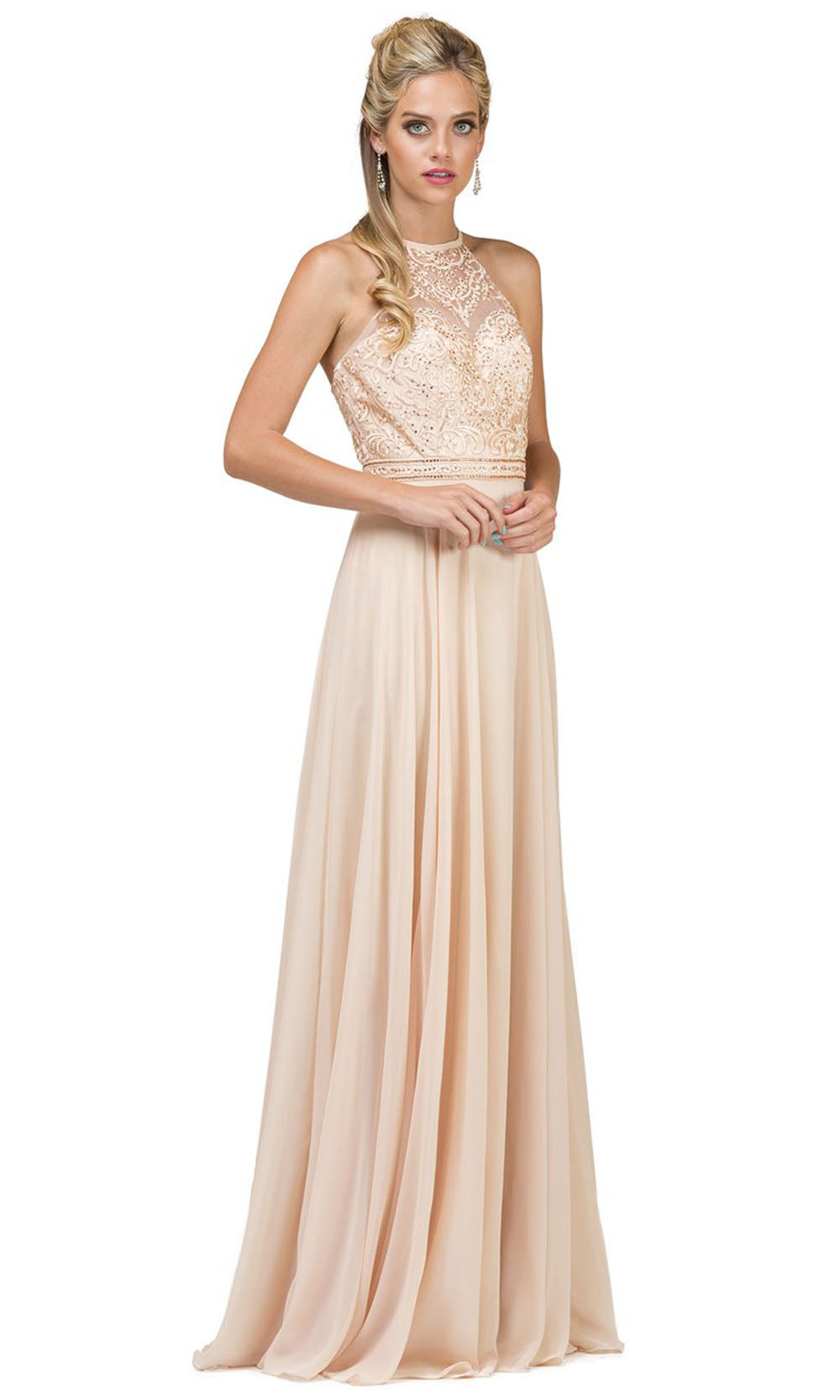 Dancing Queen - 2092 Embroidered Halter Neck A-Line Dress In Neutral