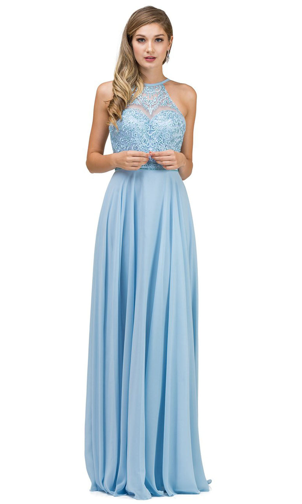 Dancing Queen - 2092 Embroidered Halter Neck A-Line Dress In Blue