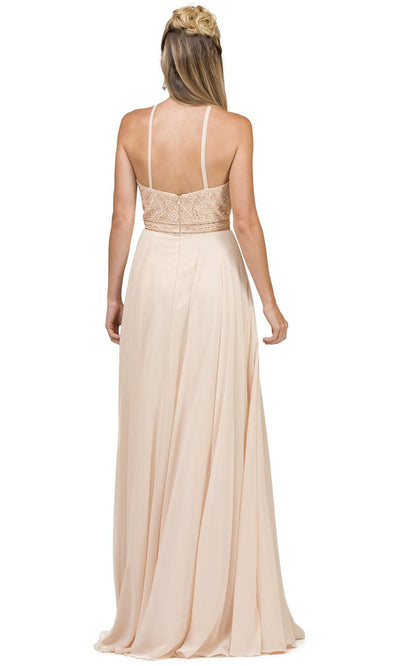 Dancing Queen - 2092 Embroidered Halter Neck A-Line Dress In Neutral