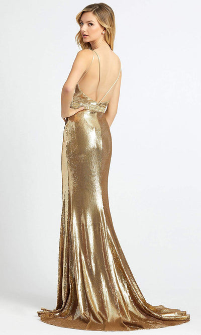 Mac Duggal - 2112A Metallic V Neck Sheath Gown With Slit In Gold