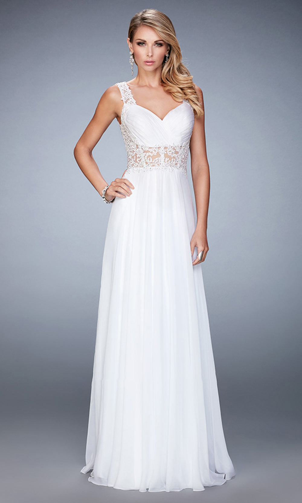 La Femme - 21550 Embellished Lace Sweetheart Chiffon A-Line Gown In White