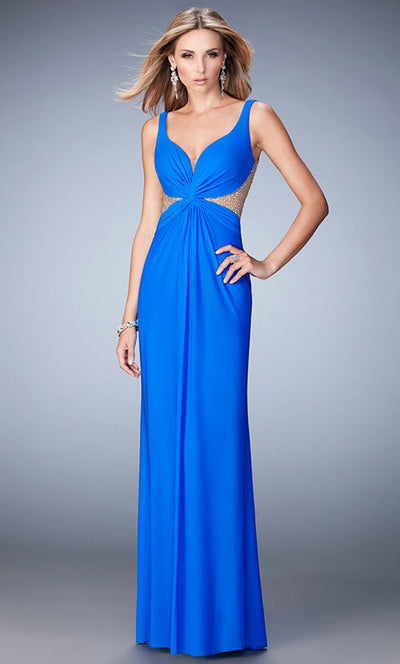 La Femme - 21886 Embellished Deep V Neck Sheath Dress In Blue