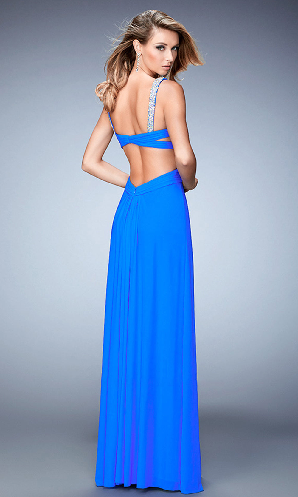 La Femme - 22068 Crystal Studded Strap Cutout Chiffon Gown In Blue
