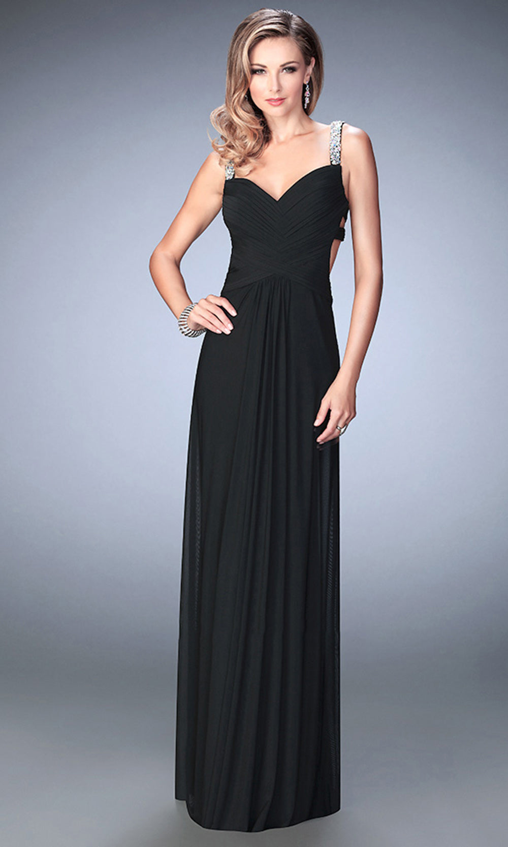 La Femme - 22068 Crystal Studded Strap Cutout Chiffon Gown In Black