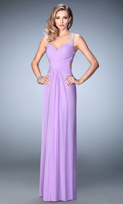 La Femme - 22068 Crystal Studded Strap Cutout Chiffon Gown In Purple