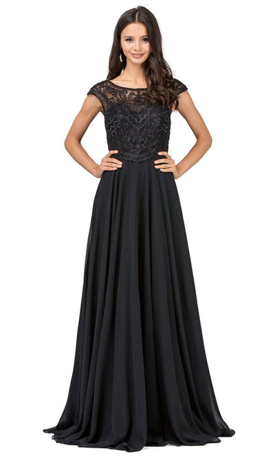 Dancing Queen - 2241 Embroidered Bateau Neck A-Line Dress In Black