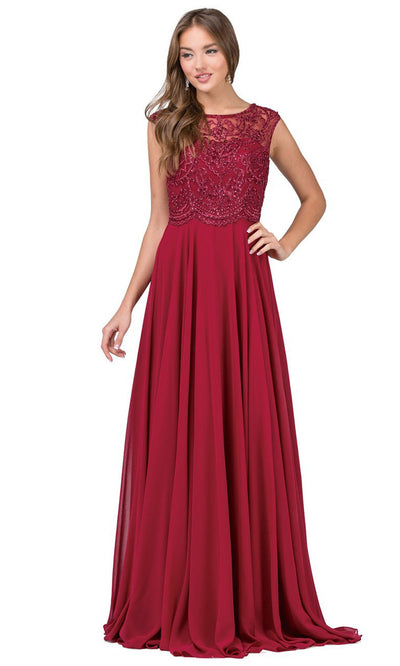 Dancing Queen - 2241 Embroidered Bateau Neck A-Line Dress In Red