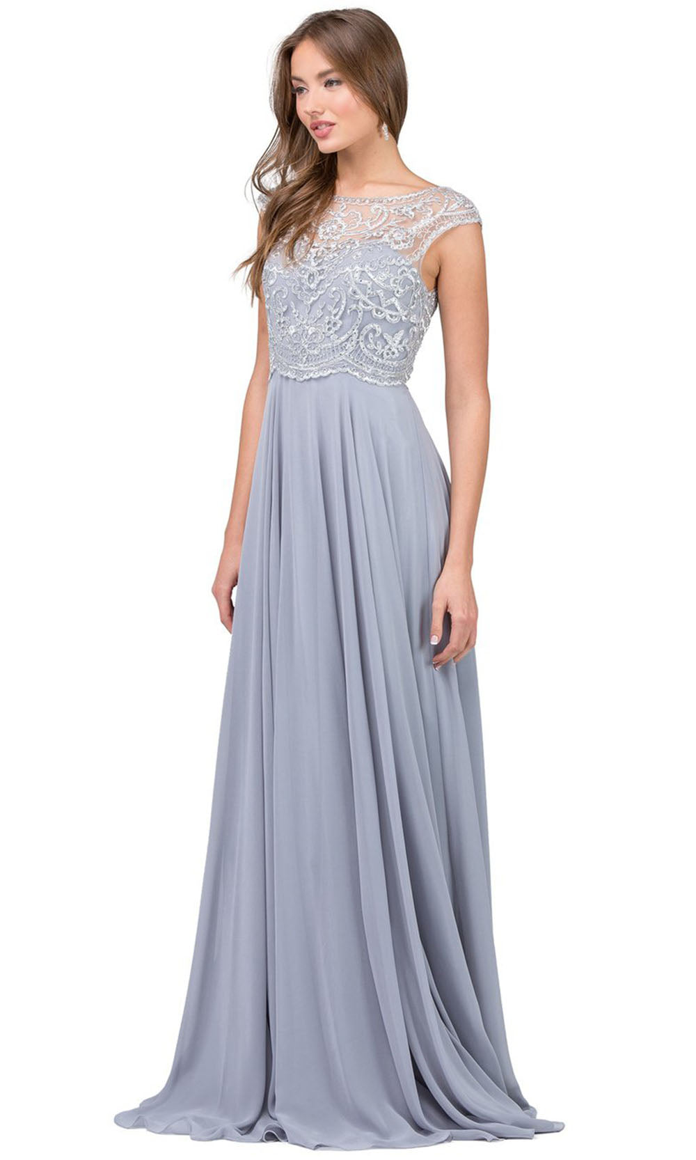 Dancing Queen - 2241 Embroidered Bateau Neck A-Line Dress In Silver