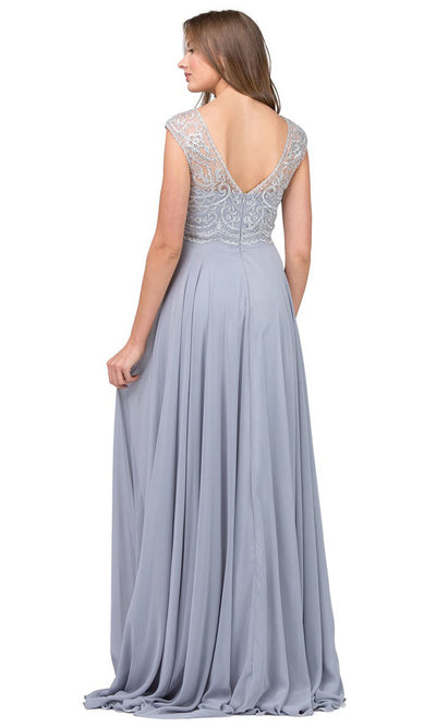 Dancing Queen - 2241 Embroidered Bateau Neck A-Line Dress In Silver