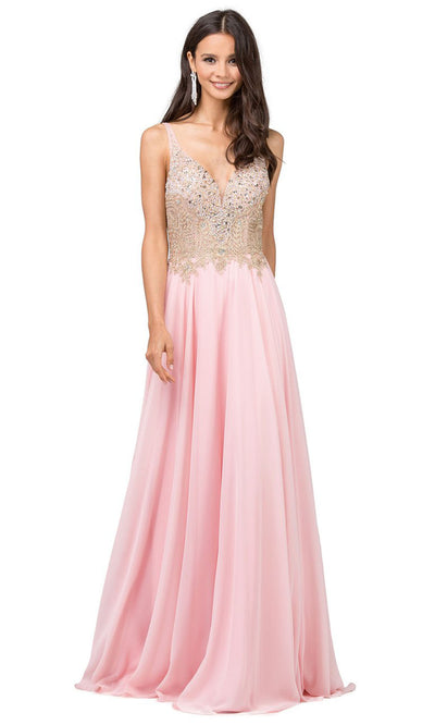 Dancing Queen - 2259 Embellished Deep V Neck A-Line Gown In Pink
