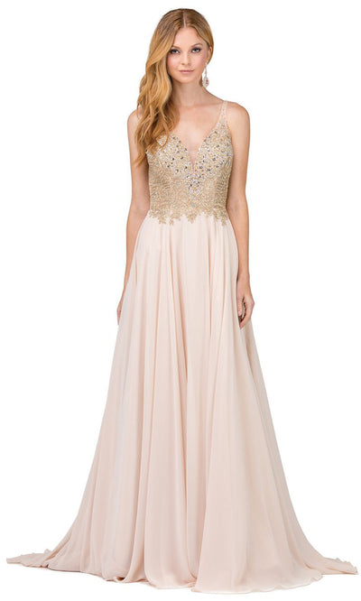Dancing Queen - 2259 Embellished Deep V Neck A-Line Gown In Neutral