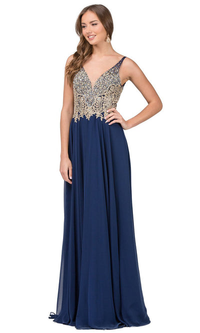 Dancing Queen - 2259 Embellished Deep V Neck A-Line Gown In Blue