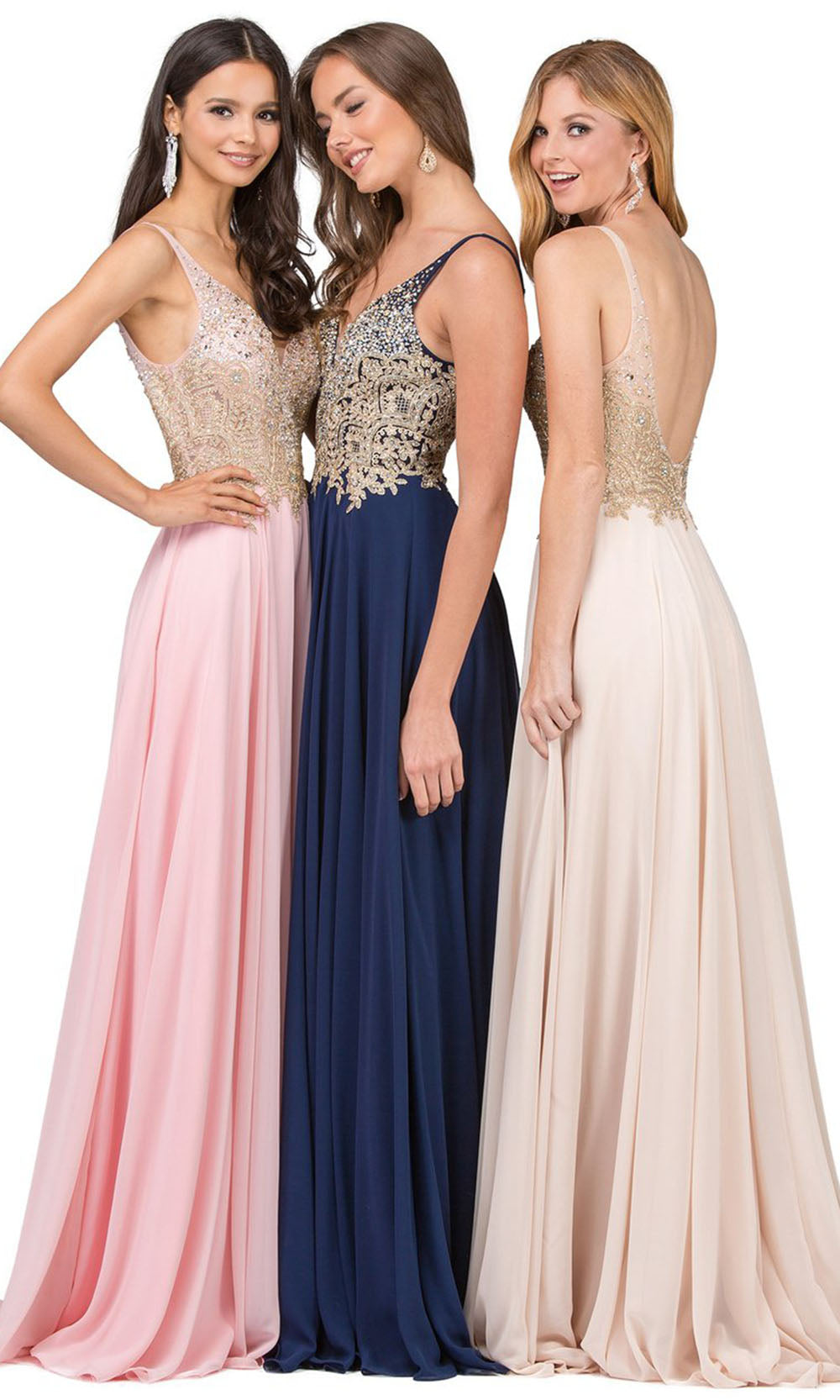 Dancing Queen - 2259 Embellished Deep V Neck A-Line Gown In Pink and Blue