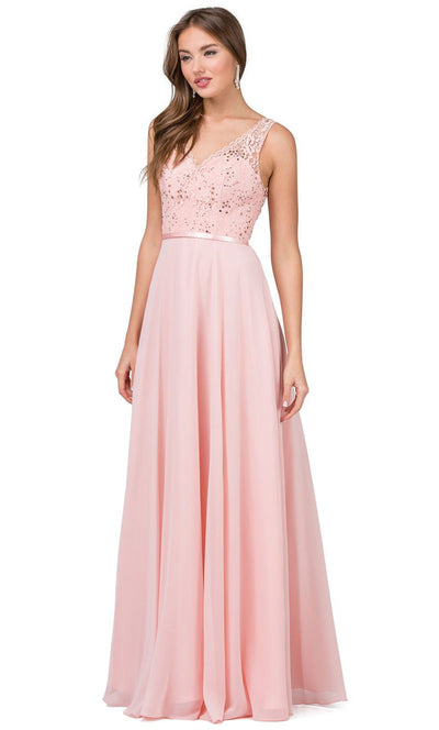 Dancing Queen - 2267 Embroidered V Neck A-Line Dress In Pink