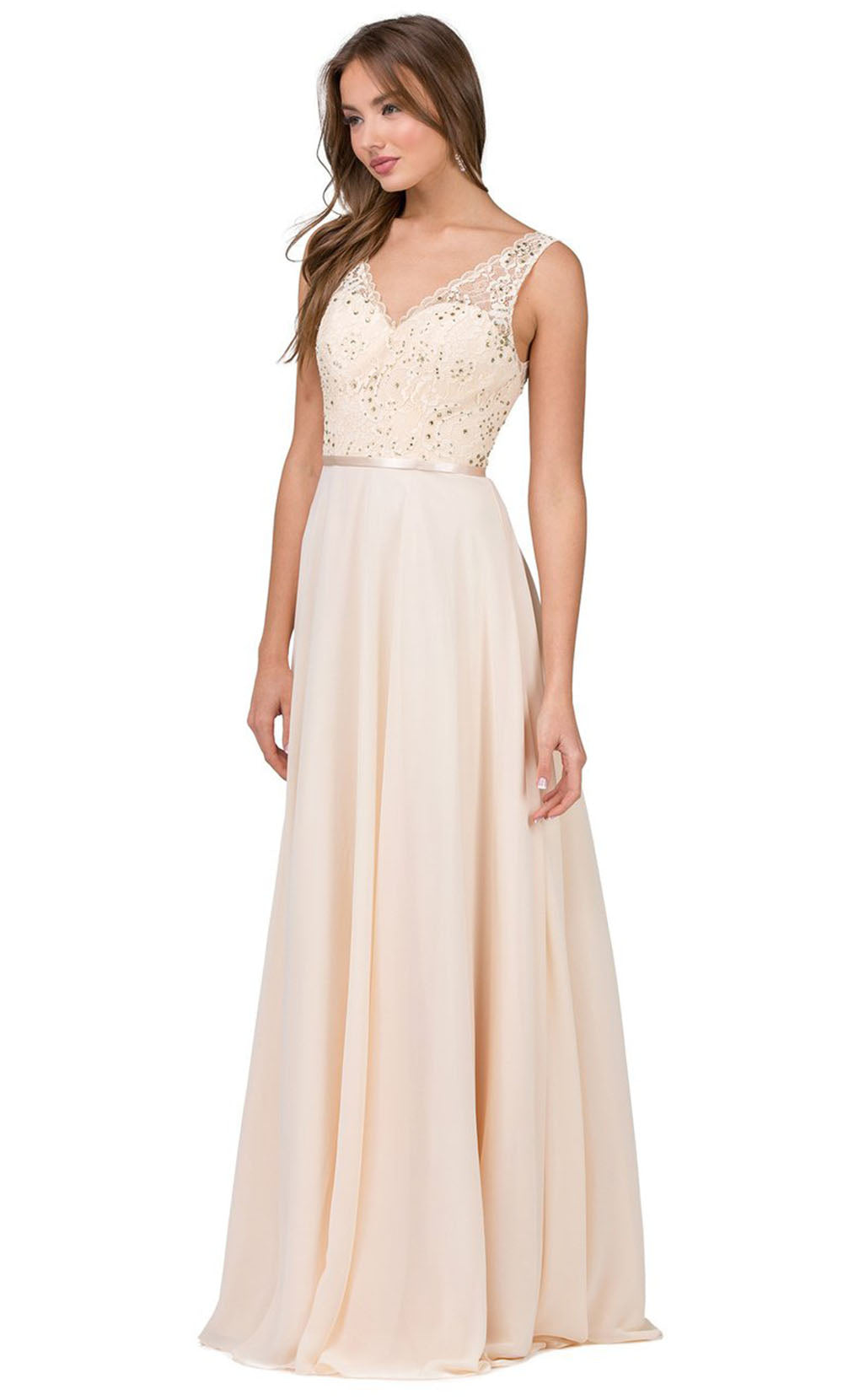 Dancing Queen - 2267 Embroidered V Neck A-Line Dress In Neutral