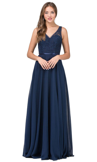 Dancing Queen - 2267 Embroidered V Neck A-Line Dress In Blue