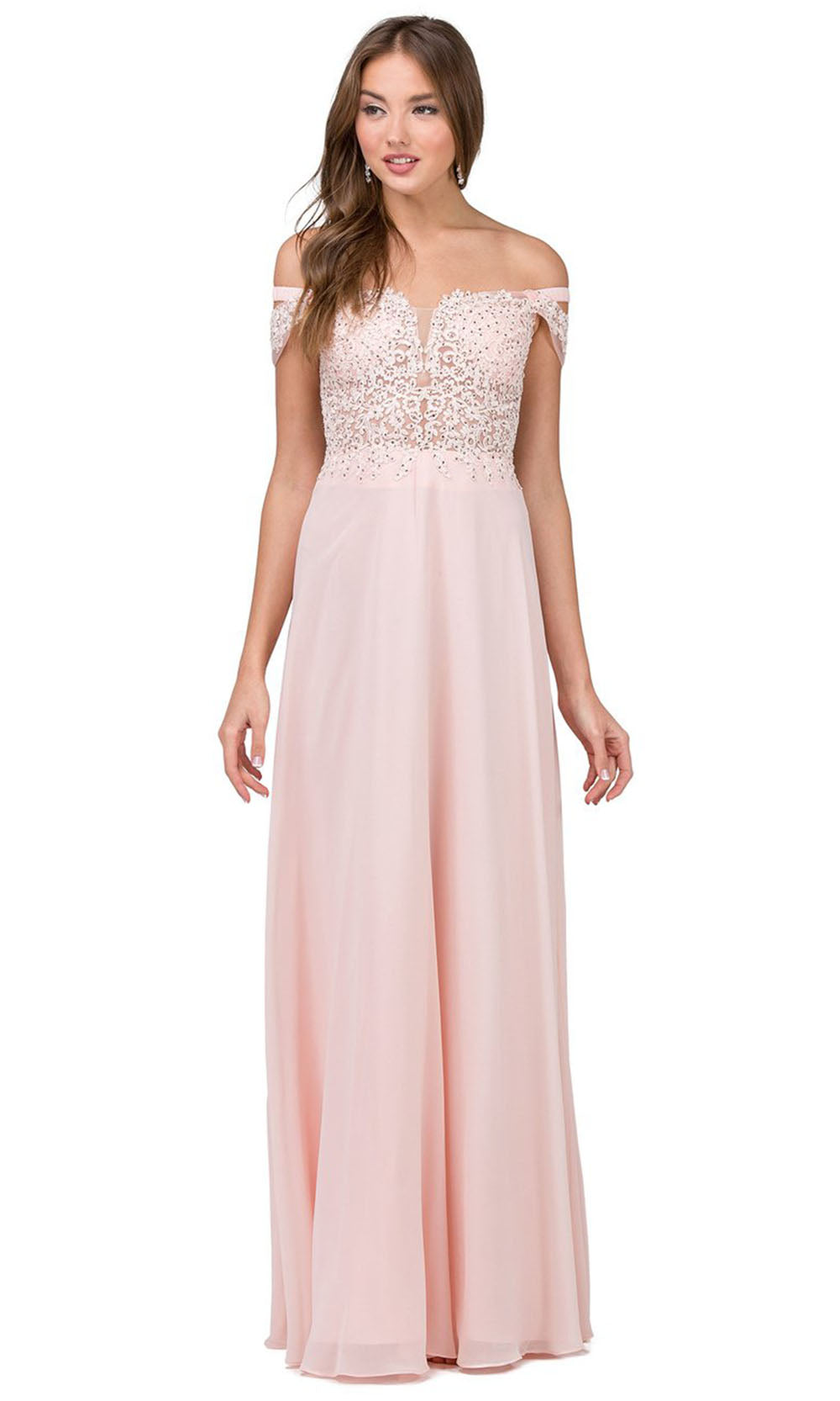 Dancing Queen - 2273 Embroidered Deep Off Shoulder A-Line Dress In Pink