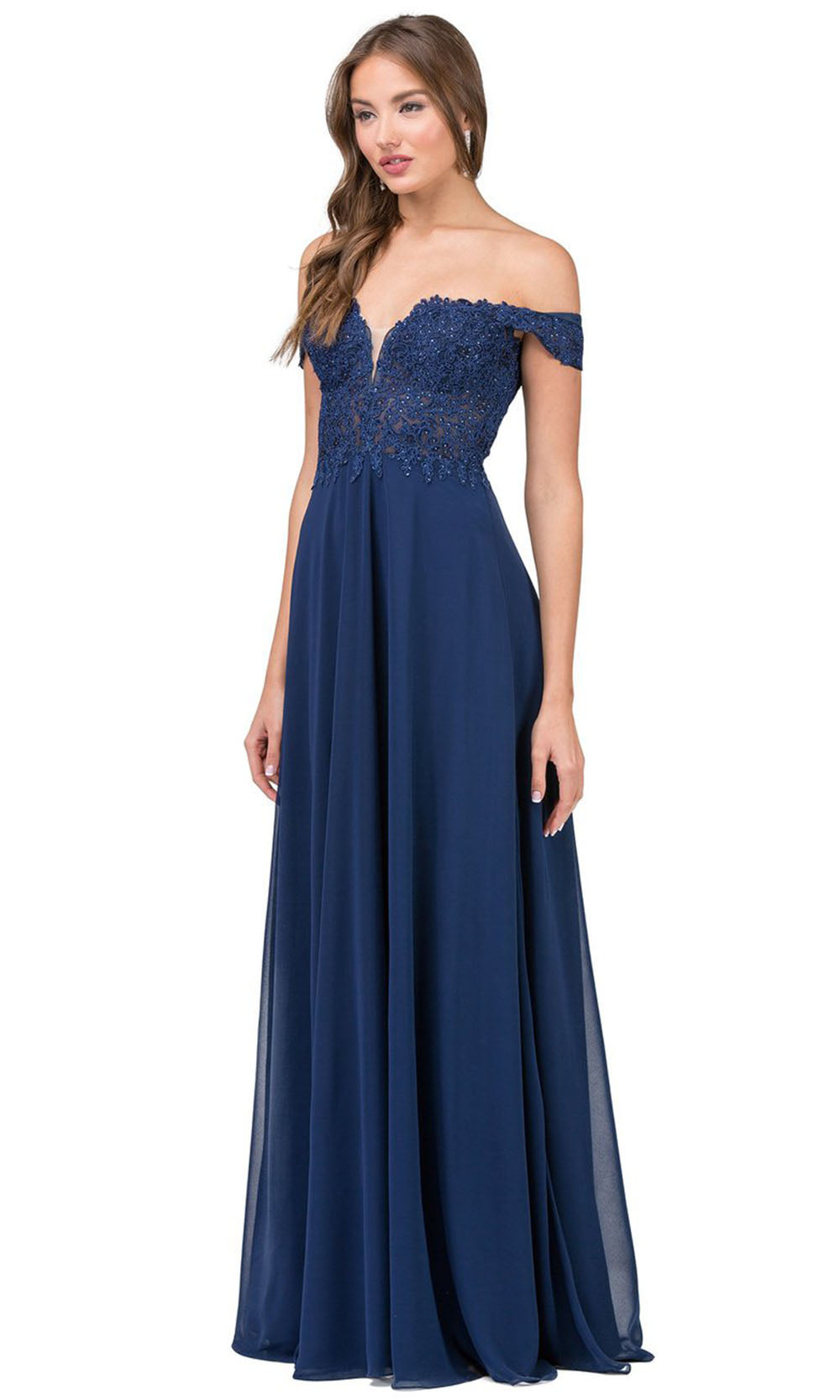 Dancing Queen - 2273 Embroidered Deep Off Shoulder A-Line Dress In Blue