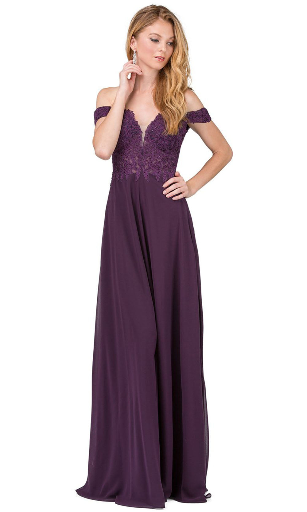 Dancing Queen - 2273 Embroidered Deep Off Shoulder A-Line Dress In Purple