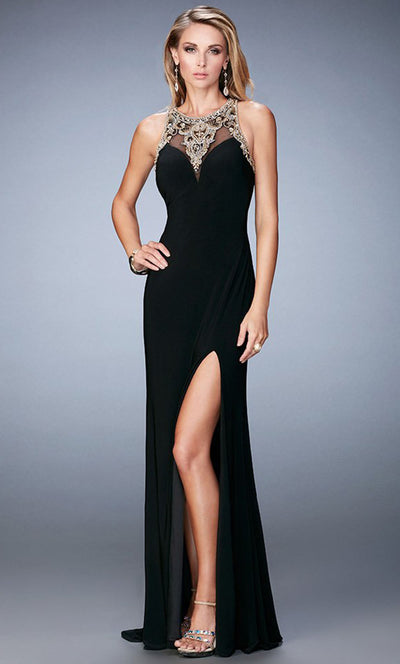 La Femme - 22825 Beaded Illusion Jewel High Slit Dress In Black