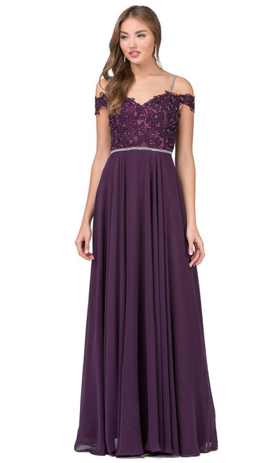 Dancing Queen - 2327 Embroidered Off Shoulder A-Line Dress In Purple