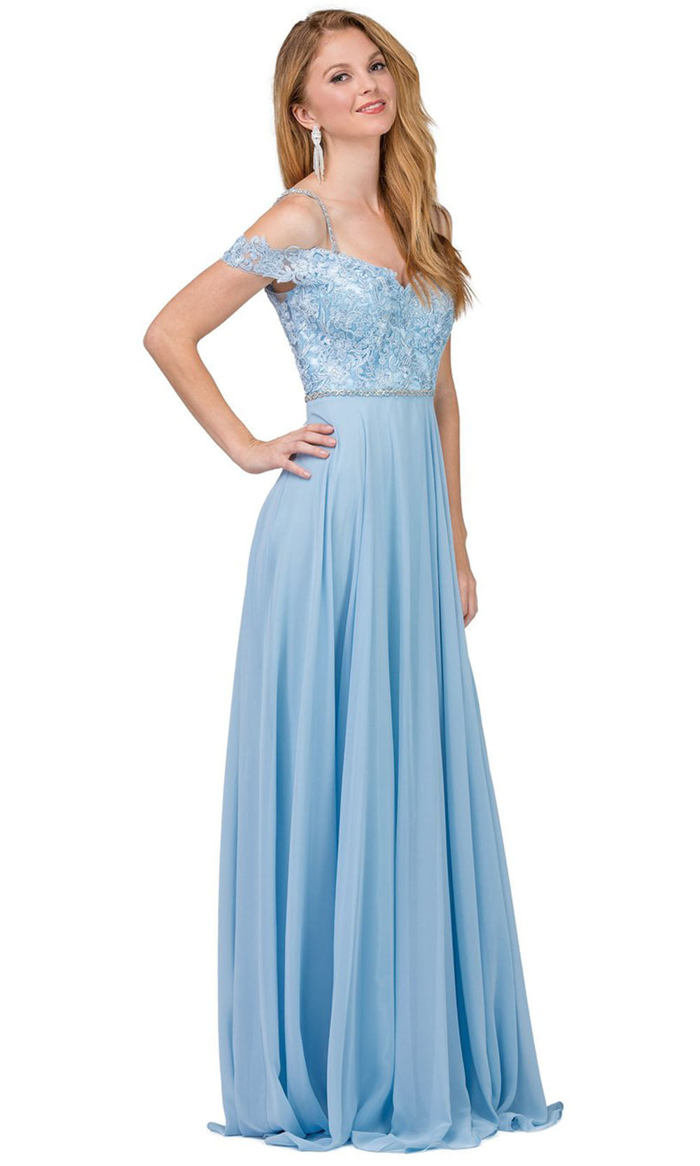 Dancing Queen - 2327 Embroidered Off Shoulder A-Line Dress In Blue