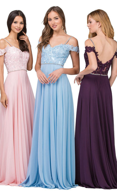 Dancing Queen - 2327 Embroidered Off Shoulder A-Line Dress In Pink and Blue