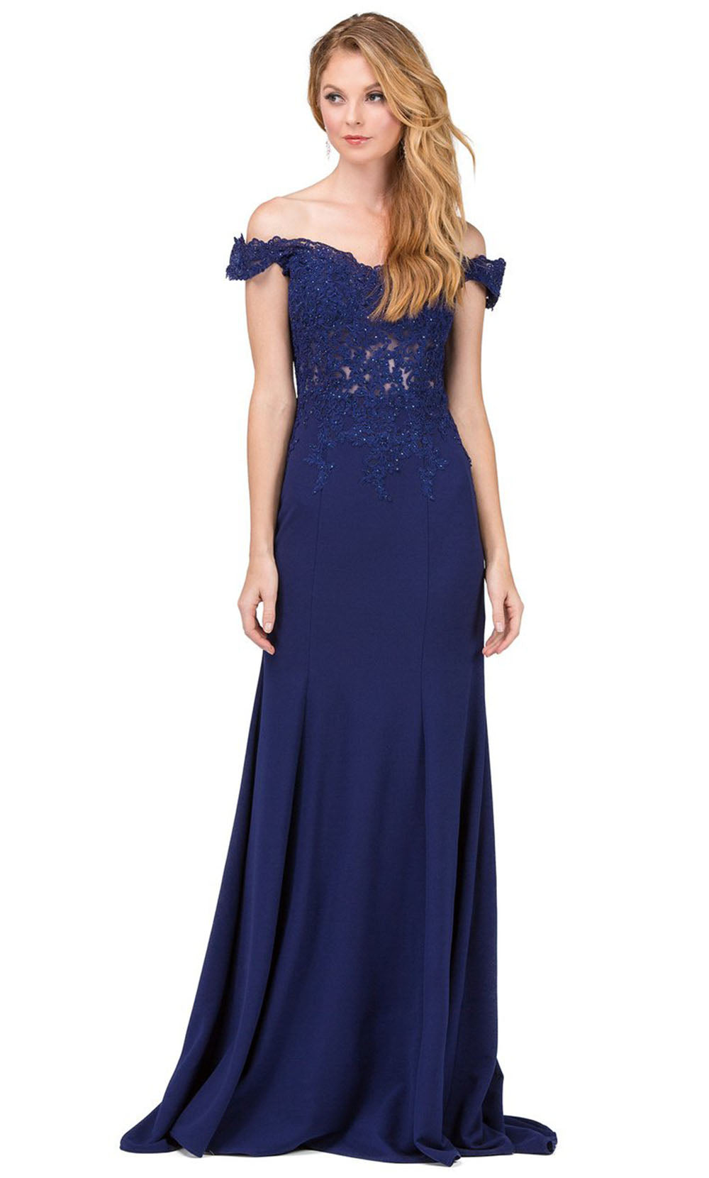 Dancing Queen - 2358 Embroidered Off Shoulder Trumpet Dress With Train In Blue