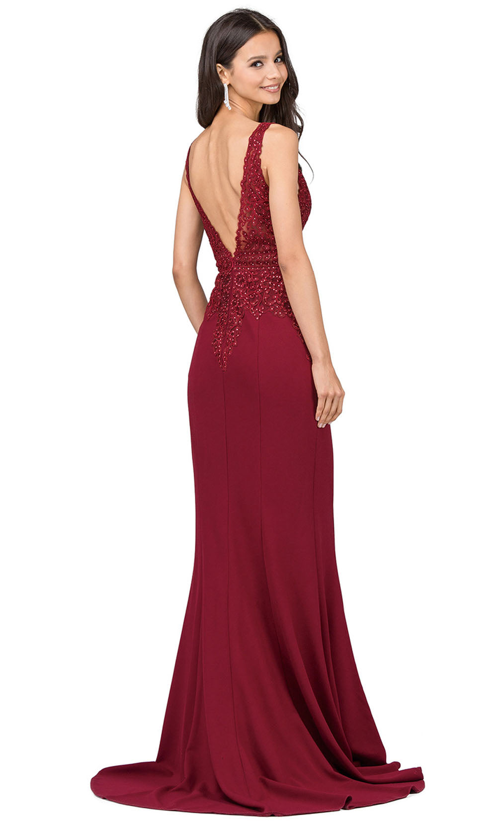 Dancing Queen - 2392 Sleeveless Beaded Lace Bodice Evening Dress In Burgundy