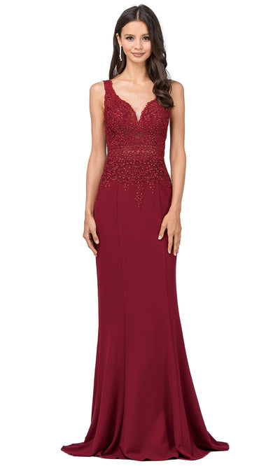 Dancing Queen - 2392 Sleeveless Beaded Lace Bodice Evening Dress In Burgundy