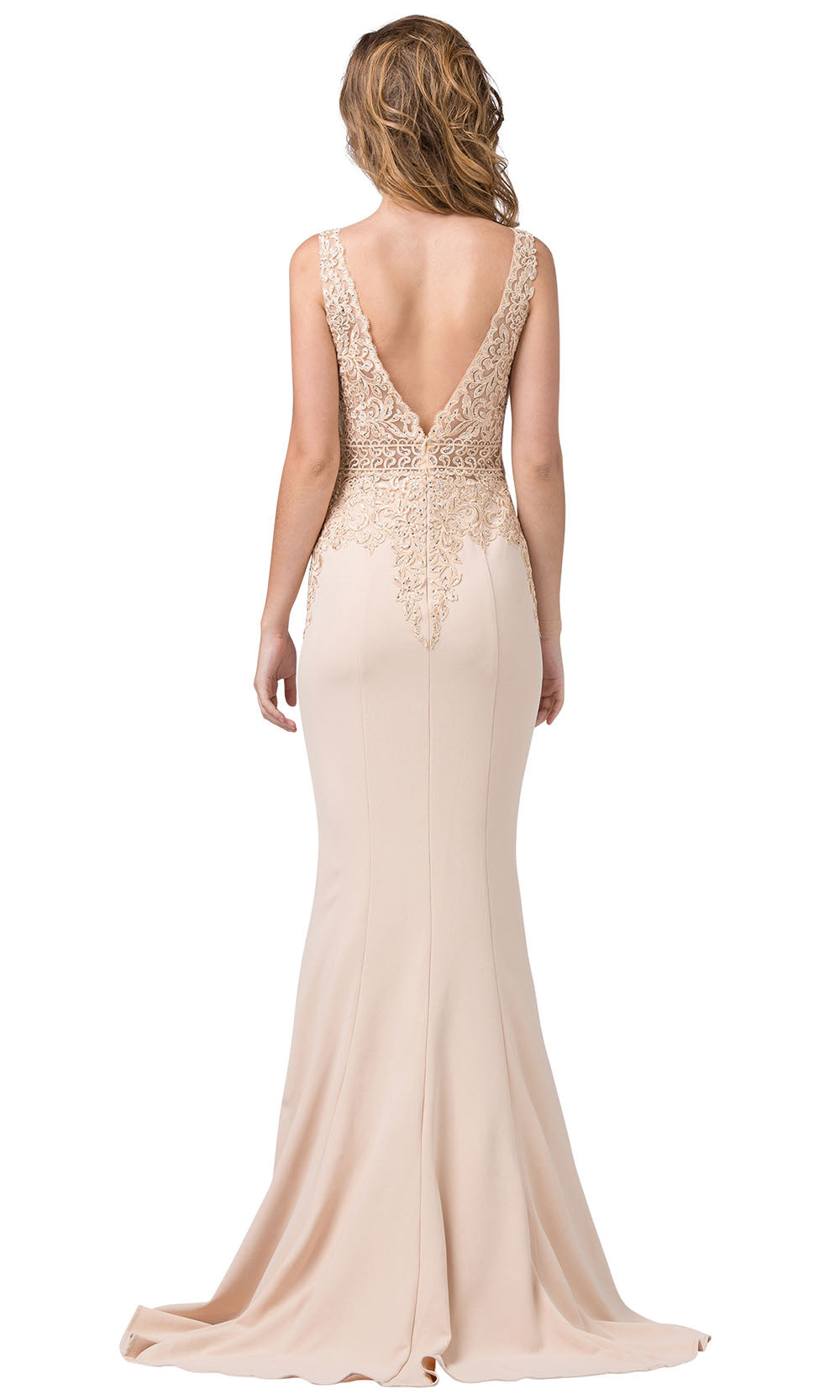Dancing Queen - 2392 Sleeveless Beaded Lace Bodice Evening Dress In Champagne & Gold