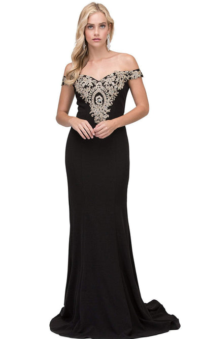 Dancing Queen - 2414 Off-Shoulder Gold Appliqued Fitted Gown In Black