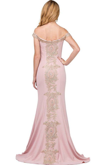 Dancing Queen - 2414 Off-Shoulder Gold Appliqued Fitted Gown In Pink