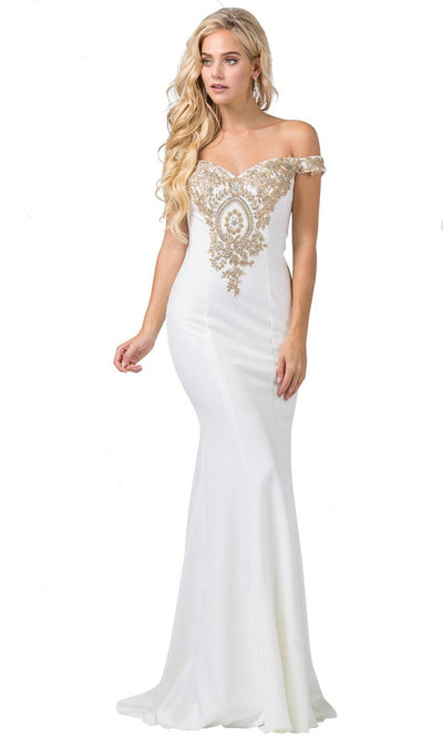 Dancing Queen - 2414 Off-Shoulder Gold Appliqued Fitted Gown In White & Ivory