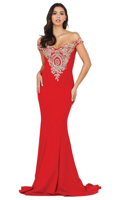 Dancing Queen - 2414 Off-Shoulder Gold Appliqued Fitted Gown In Red