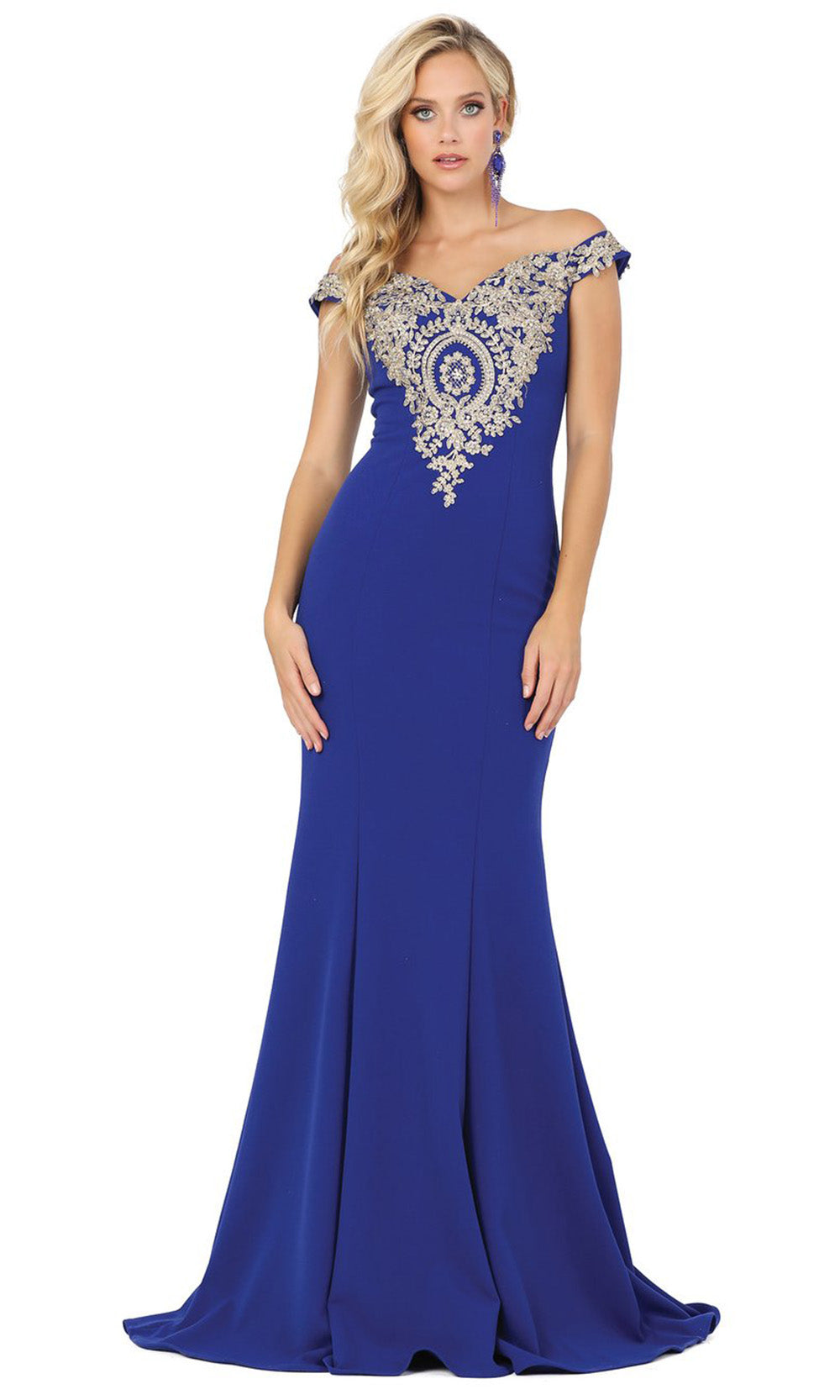 Dancing Queen - 2414 Off-Shoulder Gold Appliqued Fitted Gown In Blue