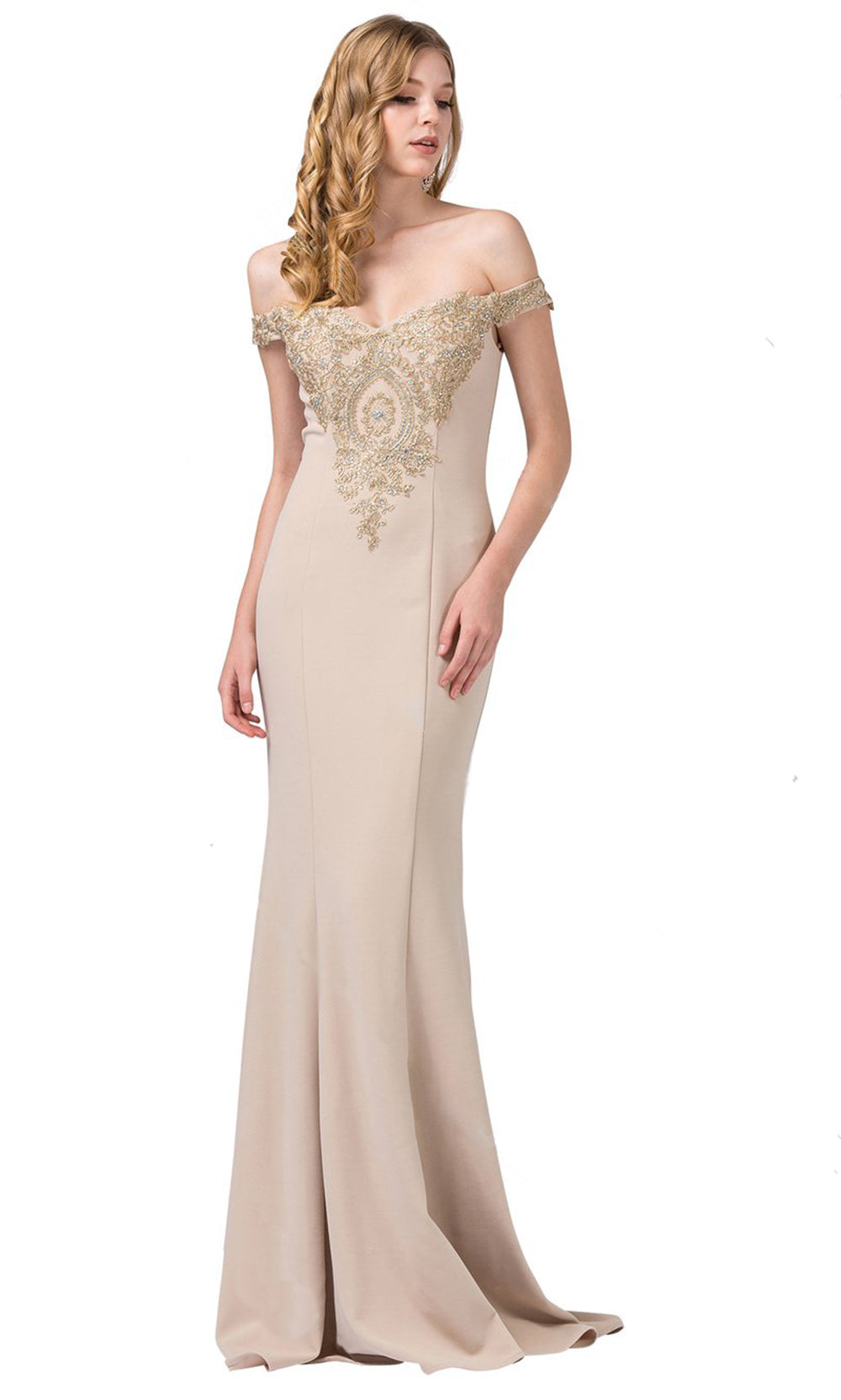 Dancing Queen - 2414 Off-Shoulder Gold Appliqued Fitted Gown In Champagne & Gold