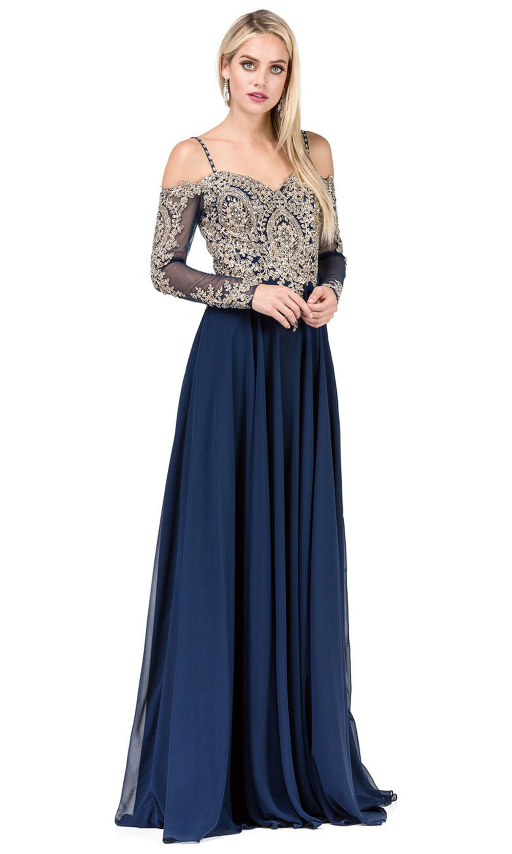 Dancing Queen - 2422 Embroidered Long Sleeve A-Line Gown In Blue