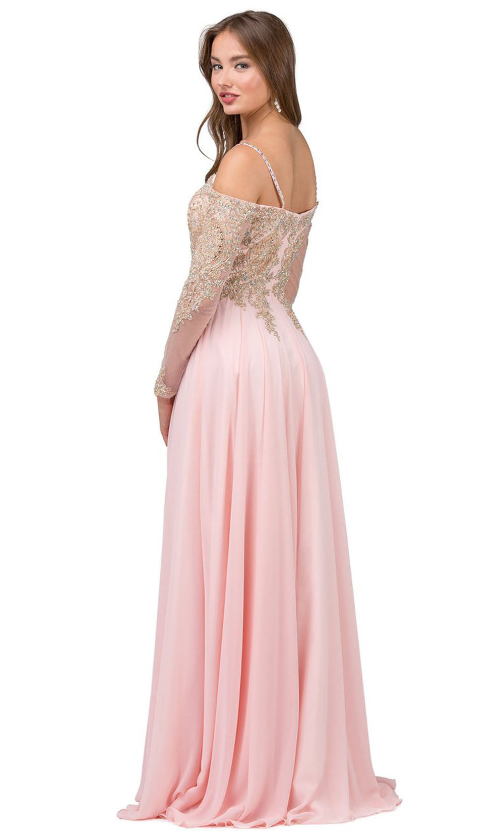 Dancing Queen - 2422 Embroidered Long Sleeve A-Line Gown In Pink