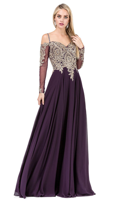 Dancing Queen - 2422 Embroidered Long Sleeve A-Line Gown In Purple