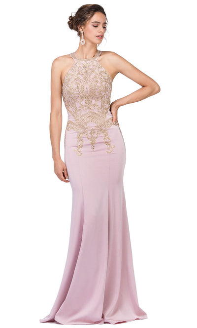 Dancing Queen - 2457 Embroidered Halter Neck Trumpet Dress In Pink