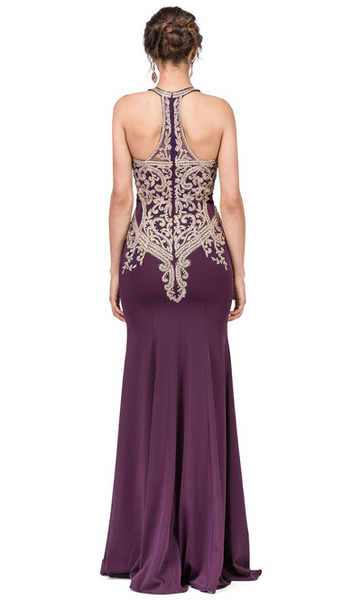 Dancing Queen - 2457 Embroidered Halter Neck Trumpet Dress In Purple