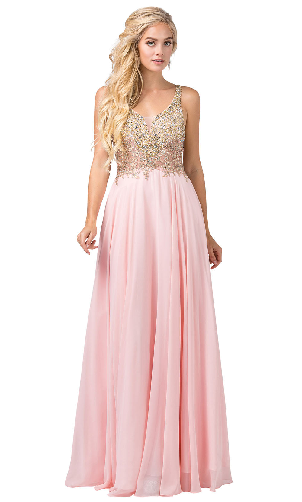 Dancing Queen - 2494 Beaded Gold Applique Bodice A-Line Gown In Pink