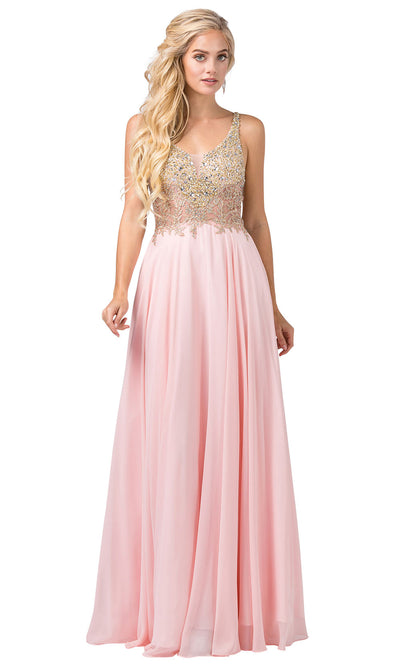 Dancing Queen - 2494 Beaded Gold Applique Bodice A-Line Gown In Pink