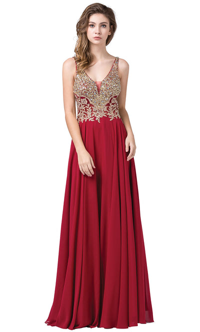 Dancing Queen - 2494 Beaded Gold Applique Bodice A-Line Gown In Burgundy