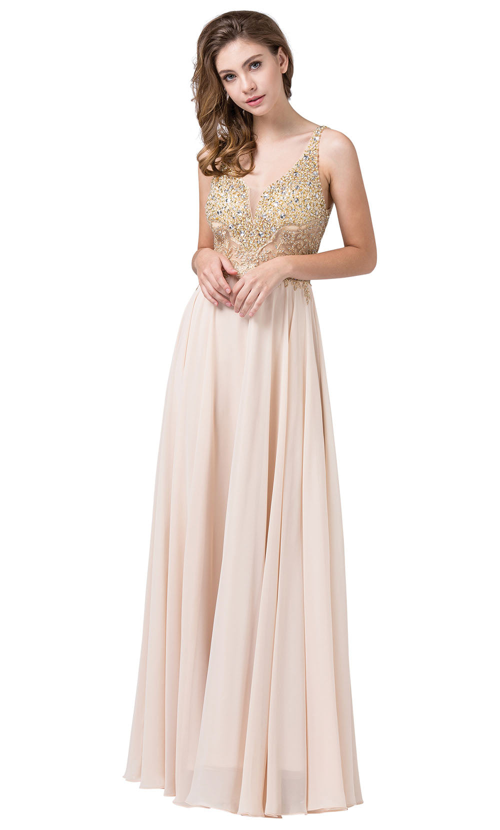 Dancing Queen - 2494 Beaded Gold Applique Bodice A-Line Gown In Champagne & Gold