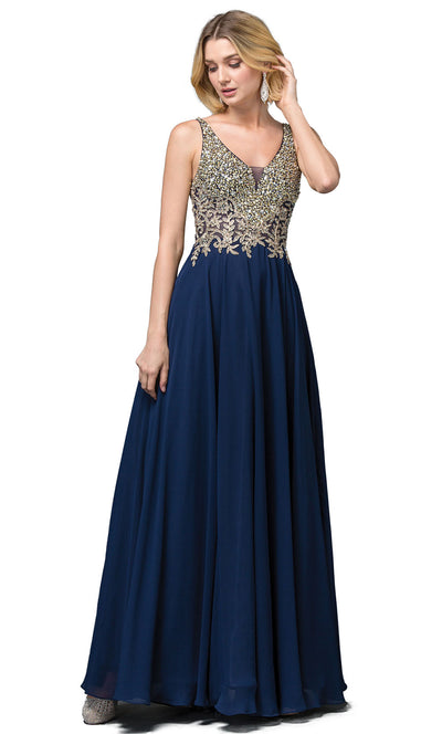 Dancing Queen - 2494 Beaded Gold Applique Bodice A-Line Gown In Blue